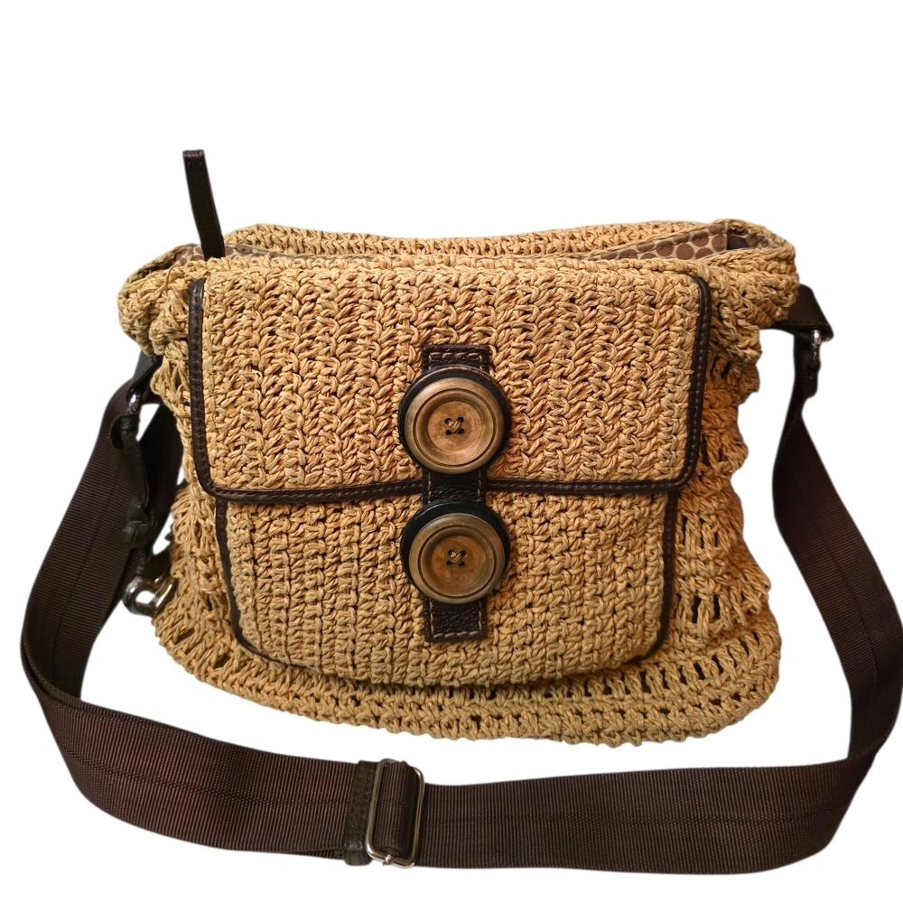 RARE Brighton Raffia Straw Crossbody Bag Boho Luxe Leather Heart Embossed Vintag